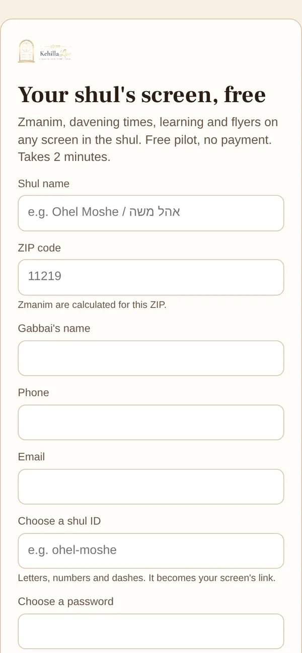 The sign-up page for a new shul