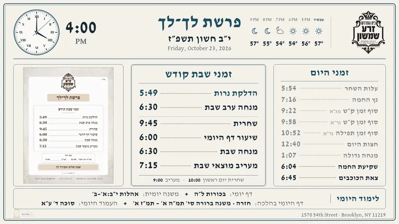 The screen in slate colors with the week’s poster on it