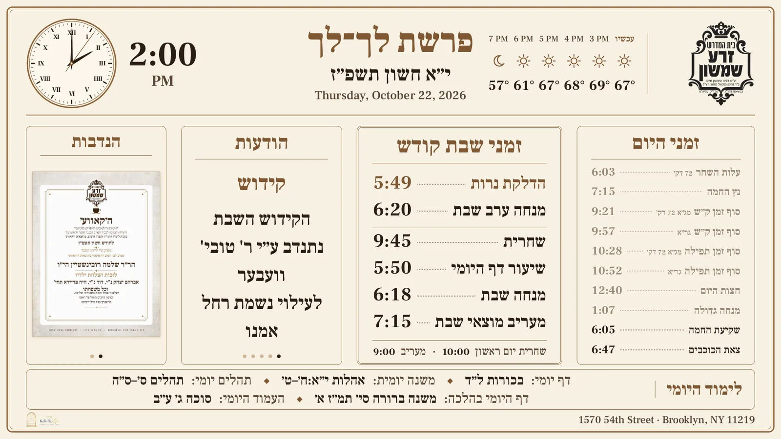 Shabbos times, announcements, a sponsorship box and daily zmanim side by side